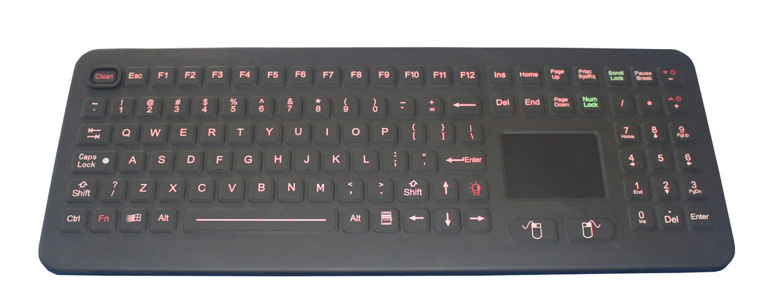 Red illuminated 108 key ruggedized full keyboard with touchpad for medical