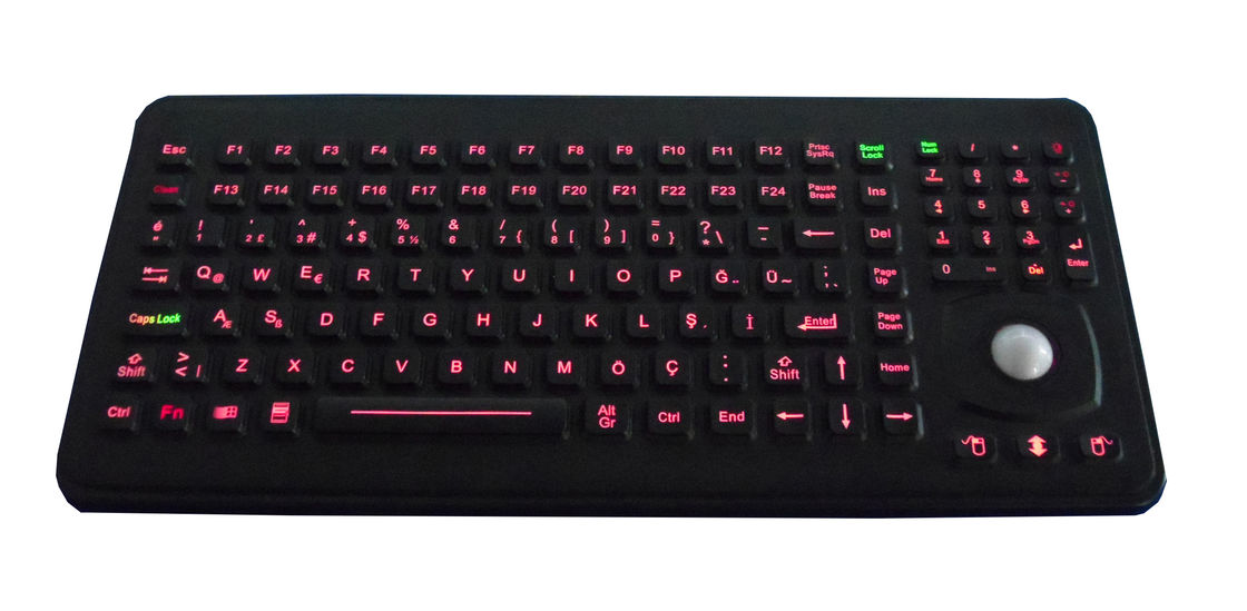 Backlit Black Silicone Industrial Keyboard With Optical Trackball And F1 - F24 Keys