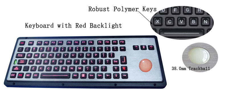 Industrial Metal Keyboard  with Backlit Trackball Robust IP65 Panel Mount